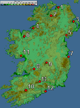 small map of Ireland with 2m Voice Repeater sites
