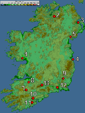 small map of Ireland with 70cm Voice Repeater sites